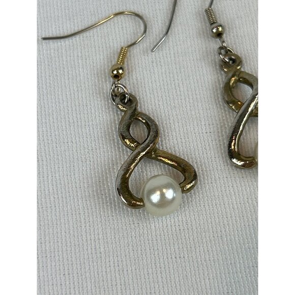 Vintage Swirl Twist Faux Pearl Drop Earrings Hook Gold Tone - Picture 5 of 8